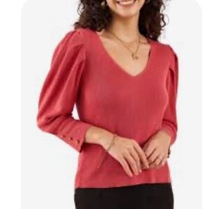 KNITIC V-Neck Puff Sleeve Sweater, Women’s M, Rose Pink Hue